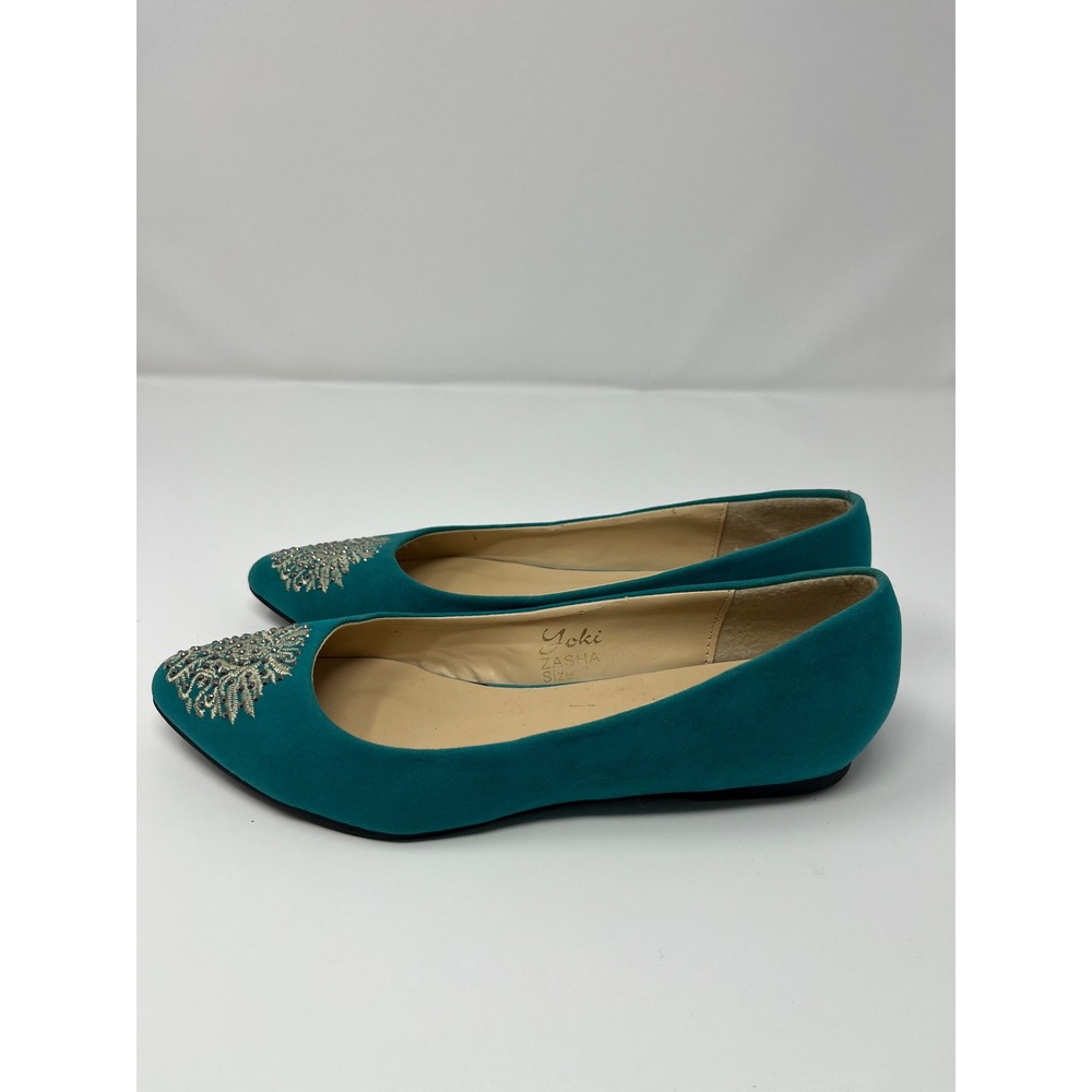 Yoki Zasha Faux‎ Suede Pointed Toe Flat Silver Embroidery Women 7 Teal Turquoise